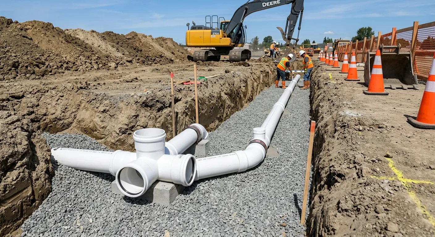 New PVC sewer pipe installation in open trench for Grease Trap Cleaning in Midwest City