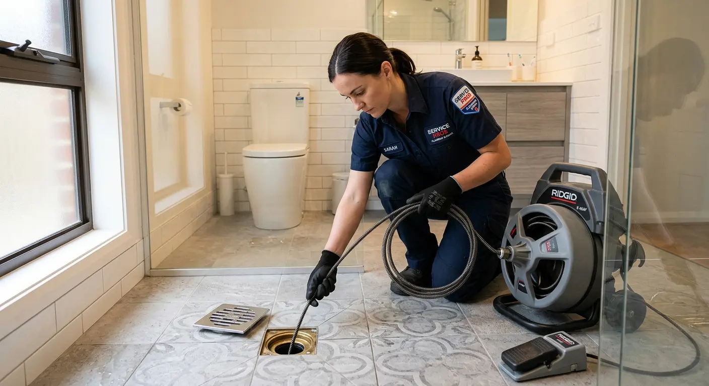 Technician clearing a bathroom floor drain for Drain Repair in Midwest City